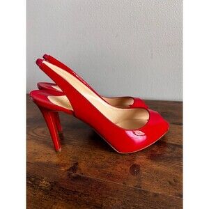 Christian Louboutin FLO SLING 120 Red Patent Leather Peep Toe Sling Pump  Sz 40